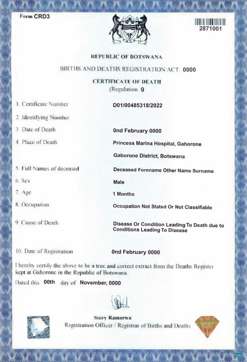 Download Botswana death certificate template in PSD format Photoshop template